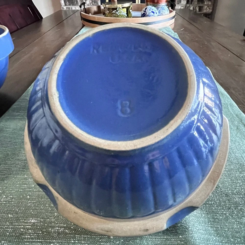 2 Vintage Beautiful Cobalt Blue Red Wing Stoneware 8 and 9 inch Ribbed Bowls
